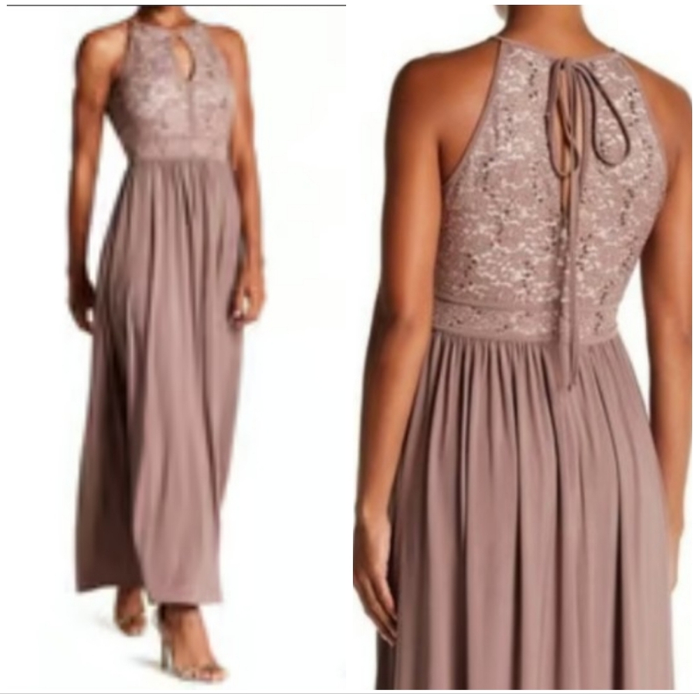 NWT NIGHTWAY TAUPE SEQUINS LACE TOP CHIFFON MAXI BODICE DRESS SZ 6